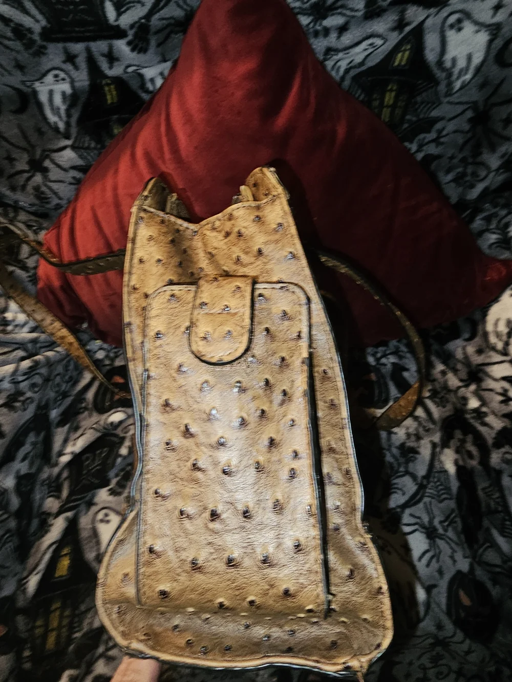 Tan Ostrich-Texture Shoulder Bag with Gold Medallion Accent